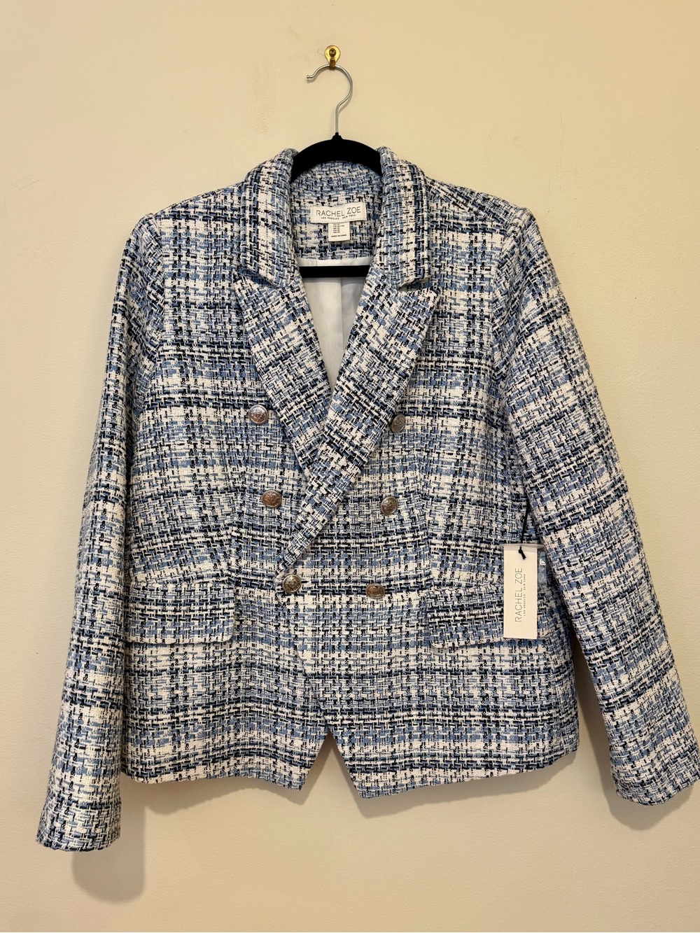 Rachel Zoe Blue and White Tweed Double-Breasted Blazer